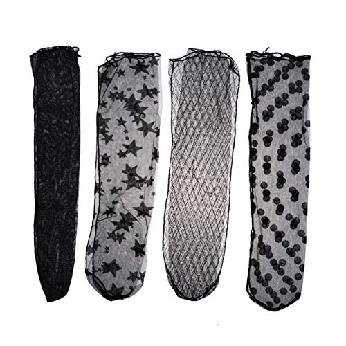 VALICLUD Sheer Socks for Women Clear Socks Fishnet Socks Ankle High See Through Socks with Sequin Star Dots 4 Pairs Black
