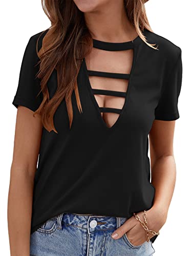 OYOANGLE Women's Cutout Deep V Neck Choker Tee Short Sleeve Summer Tunic Tops Shirts - Small - Black