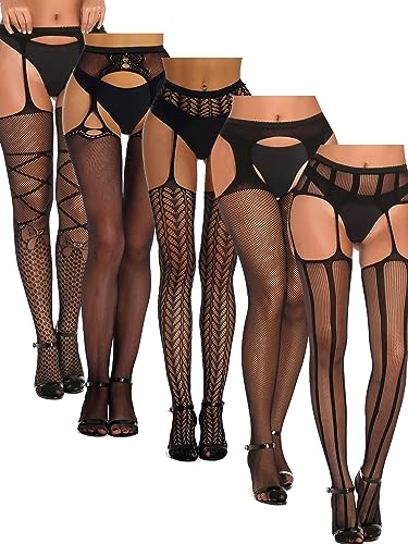SOUTHRO 5 Pairs Thigh High Stockings Patterned Tights-Fishnet/Net,Garter Belts Set & Suspender Pantyhose for Women, C-5pcs, One Size