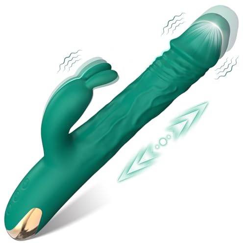 Rabbit Thrusting G Spot Vibrator Adult Sex Toys for Women, with Vibrating Ears, Dildo Vibrators Silicone Realistic Vibradores, 3 in 1Vibrators with 5 Thrusting 10 Vibrations Modes (Green) - Green