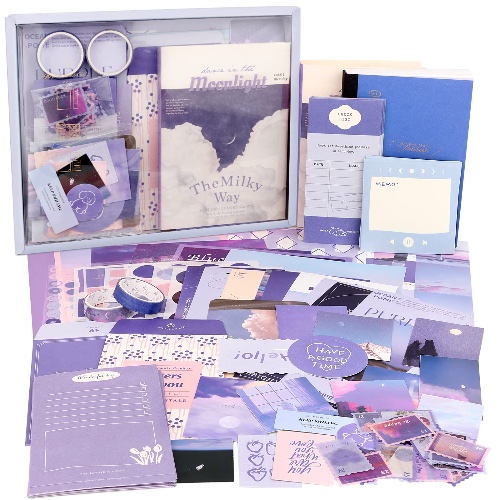 Draupnir Aesthetic Scrapbook Kit(348pcs), Bullet Junk Journal Kit with Journaling/Scrapbooking Supplies, Stationery,A6 Grid Notebook with Graph Ruled Pages DIY Scrapbook Gift for Girl Kid(Moonlight) - Moonlight