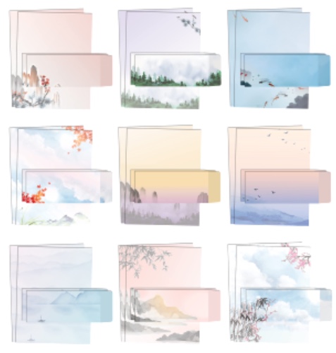Japanese Watercolor Stationery Paper Set, 100 Piece Set (50 Sheets + 50 Matching Envelopes), Letter Size 8.5 x 11 inch, 9 Designs, Double Sided Printing Paper, by Better Office Products - 
