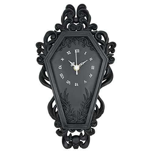 Dravira Coffin Wall Clock - Gothic Home Decor - Baroque Black Resin - Steampunk Skull - Medium Size - AA Battery NOT Included