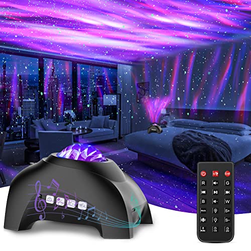 CIMELR Northern Lights Aurora Projector,Star Projector Music Bluetooth Speaker and White Noise, Galaxy Light with Remote Control,Night Light Projector for Home Decor Bedroom/Ceiling（Black） - Black - with stars