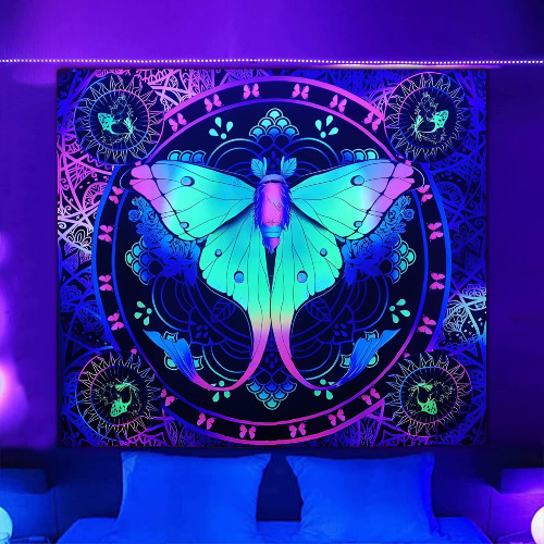 Blacklight Fantasy Tapestry, UV Reactive Burning Tapestry Mystery Wall Hanging Poster Tapestry Art for Home Headboard Dorm Decor 51.2 x 59.1 Inch (Butterfly) - Butterfly