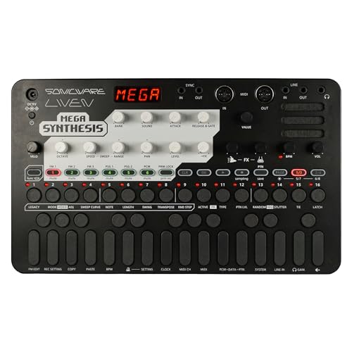 Sonicware Liven MEGA Synthesis [Retro Game Music Composer] Fully Recreate The Legendary Sound of That 16-bit Video Game Console, 320 FM Game Sounds, 64 PCM Drum Kits, 6-Track sequencer, 10 Types FX