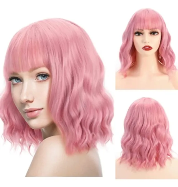 Luxspire Pastel Wavy Wig With Air Bangs Wigs, Women Short Bob Wig Curly, Shoulder Length Female Natural Hair Short Wavy Wig, Synthetic Hair Daily Party Costume Cosplay Colorful Wig for Girl, 14" Pink  - 
