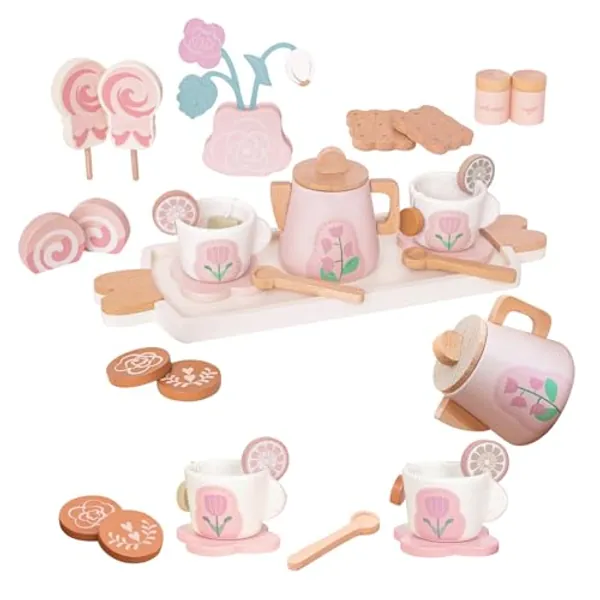 Smartwo 26Pcs Wooden Tea Set for Little Girls, Play Kitchen Accessories for Toddlers Princess Tea Party with Play Food, Pretend Play Tea Set Toy for Kids 1 2 3, Improve Imagination and Social Skills