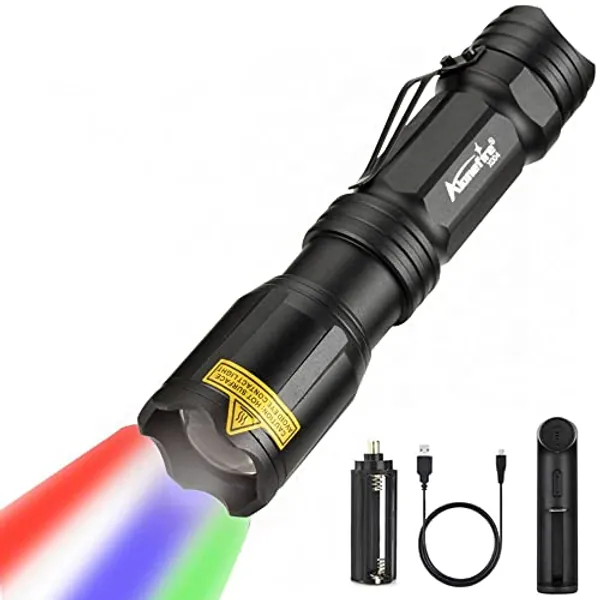 Alonefire X004 Multicolor 4 Color Changing LED Tactical Flashlight Rechargeable Red Green Blue White RGB Light Waterproof Zoomable with Battery, Charger for Camping Hiking Fishing Hunting Tracking