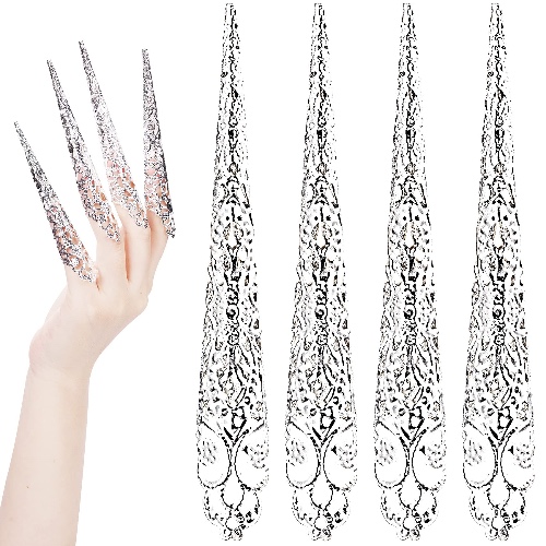ANCIRS 10 Pack Finger Nail Tip Claw Rings, Ancient Queen Costume Fingertip Claw Nail Rings Decoration Accessory, Finger Knuckle Protectors for Cosplay Drama Dance Show- Silver Color