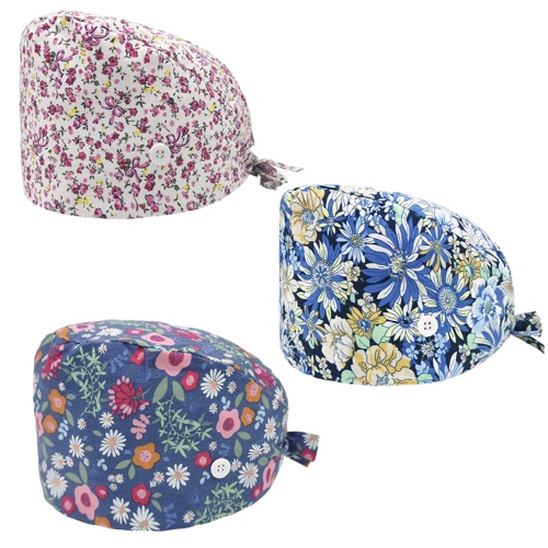 Cute Printed Working Caps Bouffant Hats for Women Men with Button and Adjustable Sweatband Scrub Caps - Multicolor 3 Pcs - Flowers