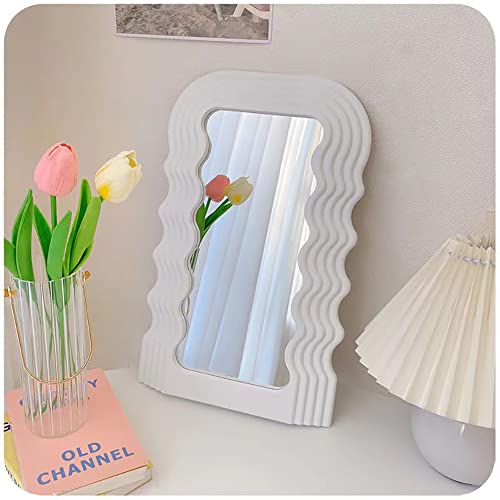 Zanbesio 16 * 10" Wavy Mirror, Desk Mirror with Wave Irregular Frame Mirror, Aesthetic Wall Mounted Mirror, Decorative Makeup Mirror for Living Room Bedroom (White) - White