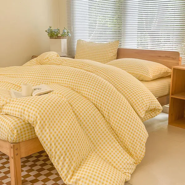 NSNLGSGC Yellow Gingham Duvet Cover Set Queen, Grid Simple Geometric Square Pattern Comforter Cover,Soft Plaid Washed Microfiber Bedding Cover(3PCS,Queen) - Queen(90"*90") - Yellow Gingham