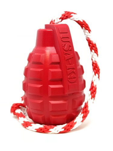 USA-K9 Grenade Durable Rubber Chew Toy, Treat Dispenser, Reward Toy, Tug Toy, and Retrieving Toy - EXTRA LARGE RED GRENADE REWARD TOY