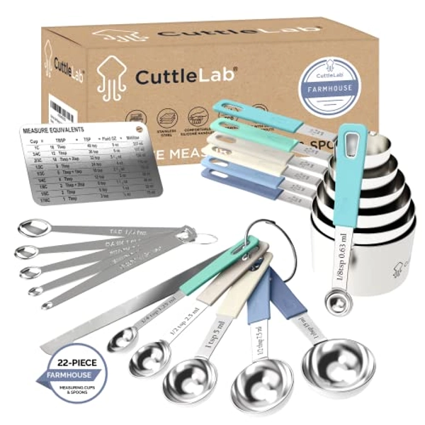 CuttleLab 22-Piece Stainless Steel Measuring Cups and Spoons Set, Tad Dash Pinch Smidgen Drop Mini Measuring Spoons, Measuring Stick Leveler, Measurement Conversion Chart Fridge Magnet, (Farmhouse)