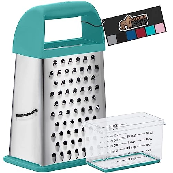 Gorilla Grip Stainless Steel Box Grater, XL Size 4 Sided with Soft Grip Handle and Slip Resistant, Dishwasher Safe Kitchen Handheld for Cheese, Parmesan, Vegetable with Detachable Container, Turquoise