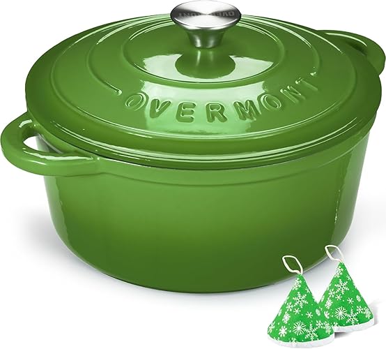 Overmont 5L Enamelled Cast Iron Round Casserole Pot With Lid Cookbook & Cotton Potholders - Non-stick Dutch Oven Cookware for Braising, Stews, Roasting, Bread Baking - Green, 26cm - 26cm-5L Deep - GREEN