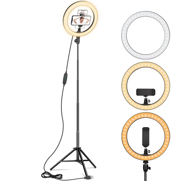 Ring Light 10" with 67" Extended Tripod Stand & Phone Holder for YouTube Video, Camera Led Ring Light for Streaming, Makeup, Selfie Photography Compatible with iPhone Android - 