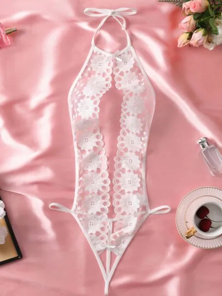 Sexy Embroidery Teddy Lingerie Sheer Backless Crotchless Bodysuit For Women, Transparent Tight-Fitting Sexy Lingerie