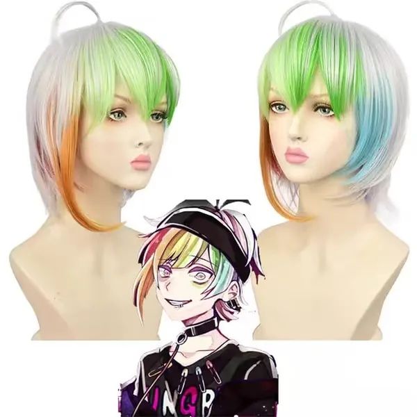 Bokerom Parrucca Cosplay Anime, Parrucca Rintarou Iida, Parrucche Capelli Corti Sfumati Bianchi Parrucche Giochi Ruolo con Cappuccio Parrucca, per Festa Halloween