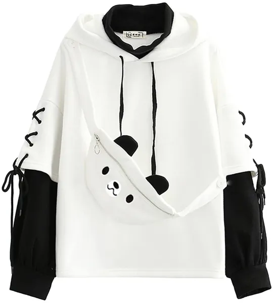 YINGKE Delle Donne Kawaii Anime Orso Anime Top Falso in Due Pezzi con Cappuccio Teen Girls Harajuku Style Pullover Felpa