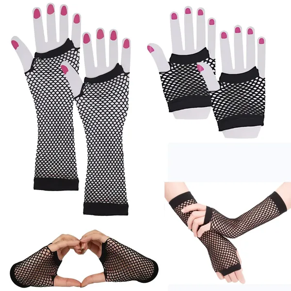 Guanti a Rete,2 Paia di Guanti Lunghi e Corti a Rete Senza Dita Neri,Guanti a Rete Senza Dita,Guanti Anni 80 Accessori per Feste per Feste in Costume