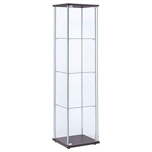 Bowery Hill 4 Shelf Glass Display Case Cabinet with Chrome Support Beams and Cappuccino Brown Top/Base - Chrome
