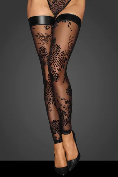 Noir Handmade Tulle Stockings With Patterned Flock Embroidery - XL
