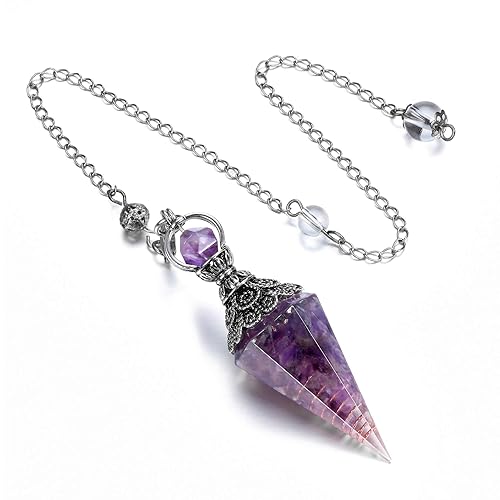 Jovivi Healing Crystal Pendulums for Dowsing Divination 6 Facted Hexagonal Pointed Cone Resin Chip Stones Reiki Wicca Spritual Gemstone Chakra Energy Pendant with Chain - Antique Silver - Amethyst