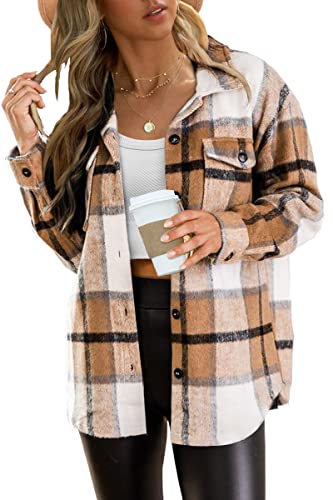 AUTOMET Womens Fall Outfits Fashion Clothes Shackets Flannel Plaid Button Down Long Sleeve Shirts Jackets 2024 - Apricot - XX-Large