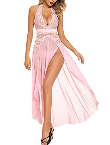 Avidlove Women Lingerie Deep V Neck Nightwear One Piece Sexy Nightgowns Mosaic Lace Mesh Dress - Large - Light Pink