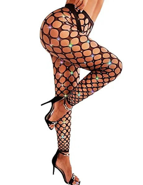 RSLOVE Women Sexy High Waist Tights Rhinestone Sparkle Fishnet Stockings Pantyhose Leggings Lingerie Pants - One Size - Black-colorful Rhinestones