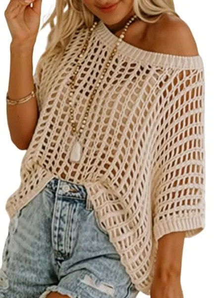 Dokotoo Womens Summer Scoop Neck Short Sleeve Sweater Casual Crochet Hollow Out Knit Tops Pullover Shirts Beach Coverup - Medium - Apricot
