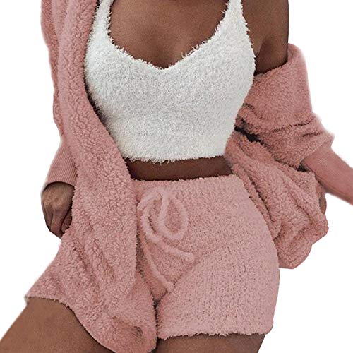 VNVNE Womens Sexy Fuzzy Warm Sherpa Fleece 3 Piece Outfit Fleece Coat Jacket Outwear and Spaghetti Strap Crop Top Shorts Set - Large - Pink
