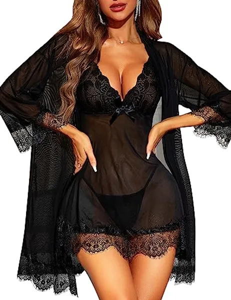 RSLOVE Women Sexy Lingerie Set 3 Piece Babydoll & Lace Kimono Robe Strap Chemise Sleepwear Mesh Nightgown - Medium - Black