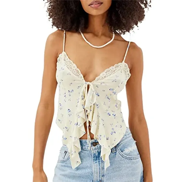 RUEWEY Women's Summer Tie Up Camisole Tops Lace Sleeveless V Neck Irregular Ruffle Bustier Tops Crop Tops - Medium - A-milky White