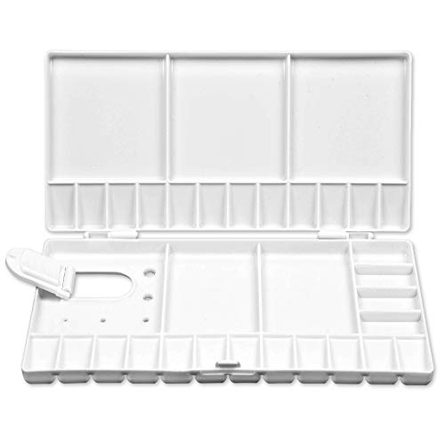 Mifuner Artist Portable White Watercolor Paint Palette Case Folding Palette Box 28 Wells for Watercolor, Gouache, Acrylic and Oil Paint with 5 Mixing Areas，Large - rectangle-L