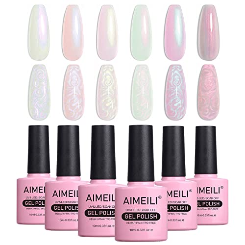 AIMEILI Hema Free Pearl Gel Nail Polish Set of 6 Colors UV LED Soak Off Glitter Pearl Gel Polish 10ml - Kit Set 43 - 6-43
