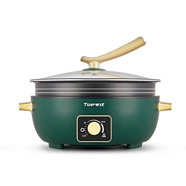 Topwit Shabu Shabu Pot 5L with Adjustable Power Control, Removable Nonstick Electric Frying Pan, 12” Deep Dish Multifunction Electric Skillet with Tempered Glass Lid for Shabu Shabu, Noodles, Sauté