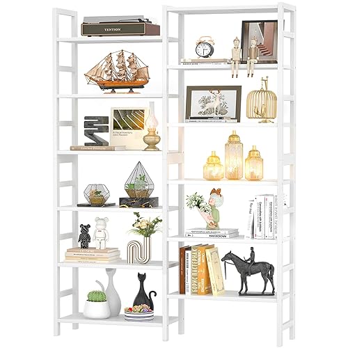 Homykic Double Wide Bamboo Bookshelf White, 6-Tier Large Open Bookcase with 12 Display Shelves, 6ft Tall Freestanding Book Shelf for Home Office, Bedroom, Living Room, Plants - Double Wide - White