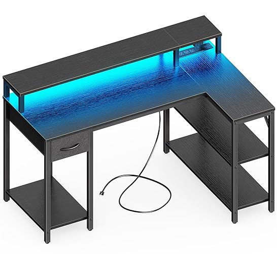 SUPERJARE 47 inch Reversible L Shaped Desk with LED Lights & Power Outlets, Computer Desk with Shelves & Monitor Stand, Gaming Desk with Drawer, Home Office Desk Corner Desk, Black - Black - 47 inch