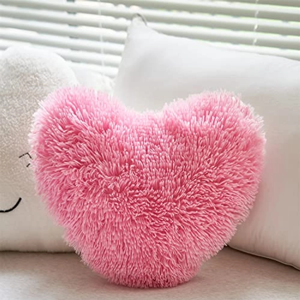 MOOWOO Fluffy Heart Pillow, Dark Pink Faux Fur Throw Pillow,Sherpa Plush Fluffy, Cute Soft Throw Cushion, Valentines Day,Thanks Giving Days,Christmas Day Decorative for Home Bed Couch Heart Shape