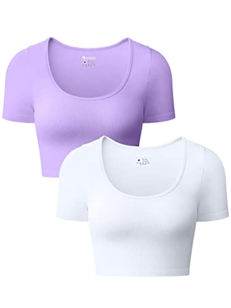 OQQ Women's 2 Piece Crop Tops Sexy Ribbed Seamless Short Sleeve Shirts Scoop Neck Top