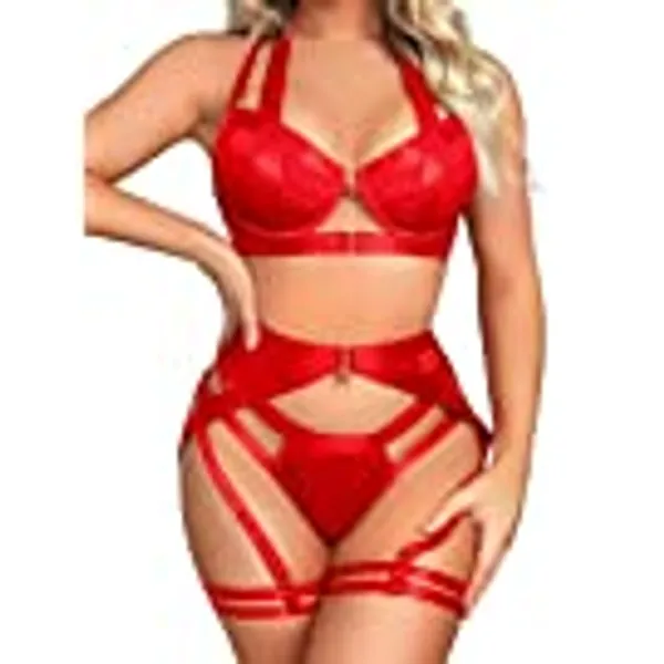 Kaei&Shi Strappy Harness, All Adjustable, Underwire Racerback, 4pc Garter Set