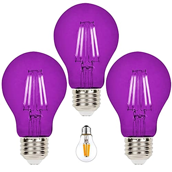 3 Pack A19 Filament LED Purple Light Bulbs – E26 Base 8W 75 Watt Equivalent Vintage LED Purple Bulb LED Decorative Lighting Purple LED Bulb for Party Decoration, Porch, Home, Halloween Light Bulbs