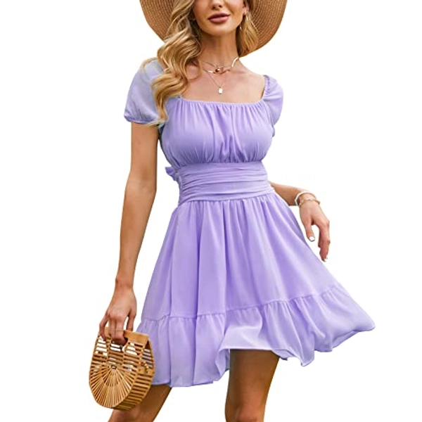 EXLURA Women's Tie Back Square Neck Short Puff Sleeve Casual Dresses A Line Sundress Mini Dress