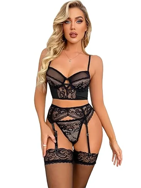 SOLY HUX Sexy Lingerie for Women Naughty 4 Piece Lace Garter Belt Babydoll Lingerie Set with Stocking Underwire Bra and Panty