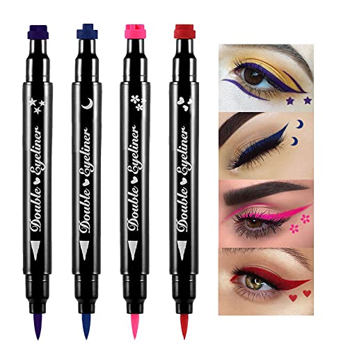 4Pcs Double-head Liquid Stamp Eyeliner Pencil, 5 in 1 Pink Flowers Red Heart Blue Moon Purple Star Shapes Face Stamps Makeup Colorful Waterproof Slim Gel Felt Tip High Pigment Liquid Eyeliner & Seal - Colorful