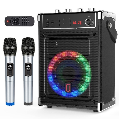 JYX Karaoke Machine with 2 UHF Wireless Microphones, Bluetooth Speaker with Bass/Treble Adjustment and LED Light, PA System Support TWS, AUX In, FM, REC, Supply for Party/Adults/Kids - Black - Dual UHF Mics Black