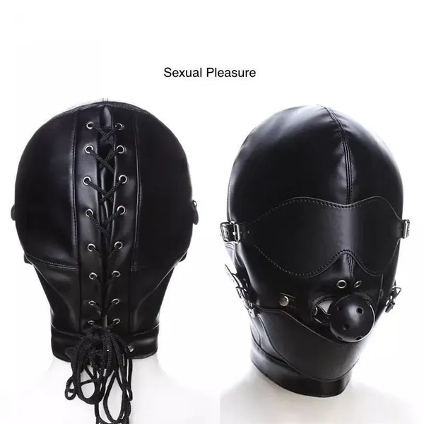 Premium Vegan Leather Black Bondage BDSM Fetish Head Hood Mask with Mouth Dildo Sex Toy - Restraints - Cuffs - Gag - Adult Toy